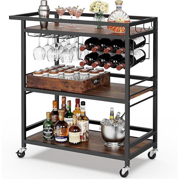 Leteuke 3-Tier Black Rolling Bar Cart