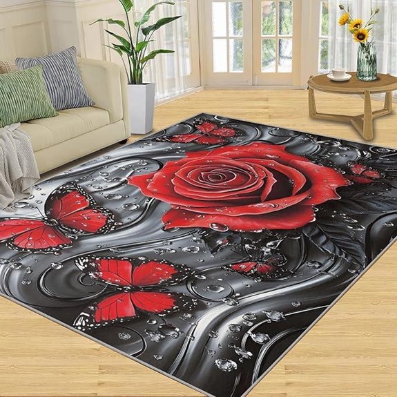 Black Red Rose 5x7 Flower Area Rug