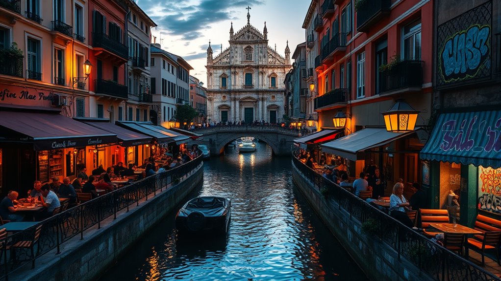 canal side lively night scene