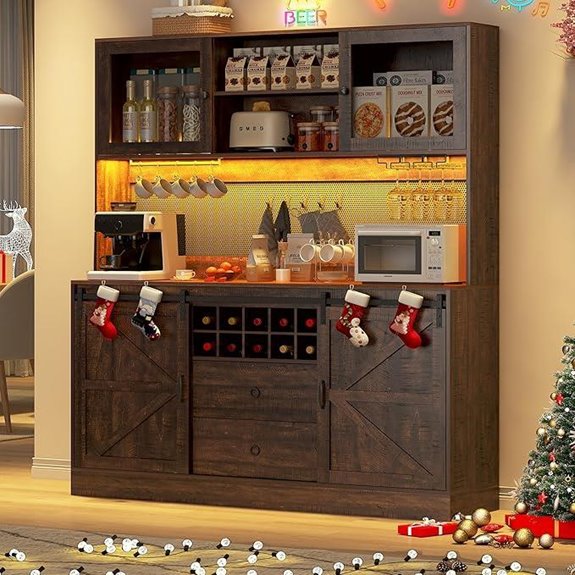 Large Coffee Bar Cabinet with LED Light and Pegboard