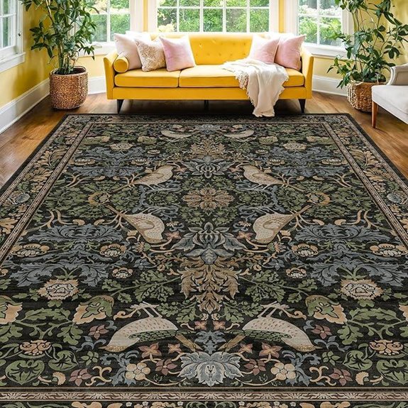 Dark Green/Brown Floral Washable Area Rug