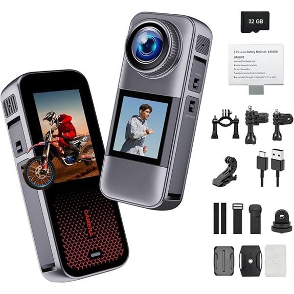 Action Camera with Dual Screen Waterproof 32GB 2 Batteries