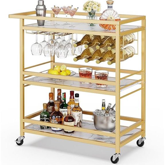 Leteuke 3-Tier Gold Bar Cart with Wine Rack