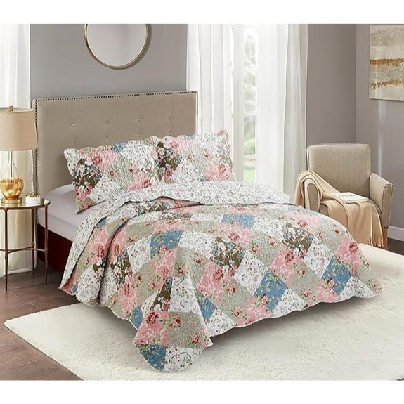 Peach and Olive Floral Patchwork Quilt Set