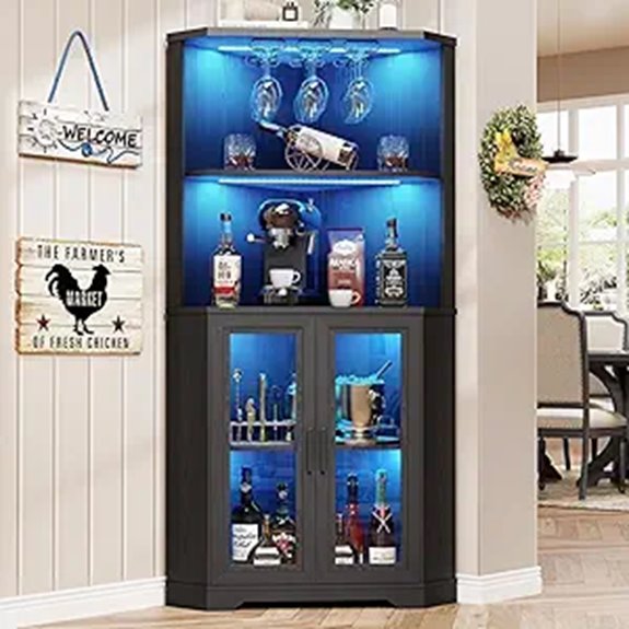Corner Bar Cabinet with LED Lights and Glass Door