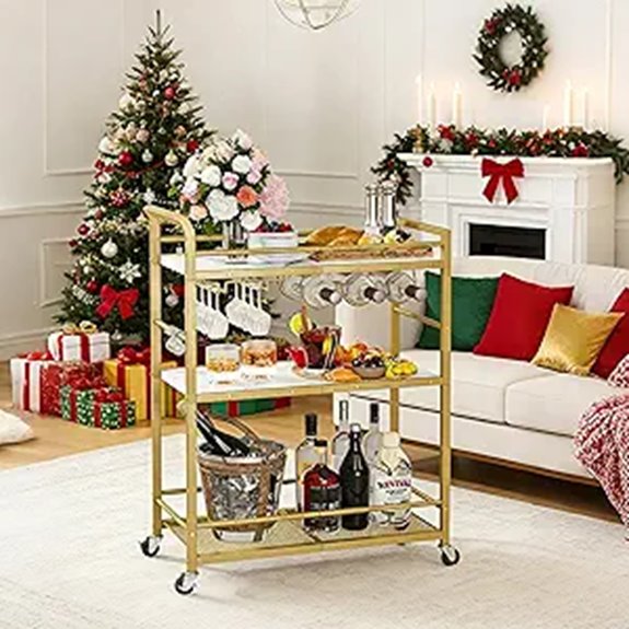 3-Tier Gold Bar Cart with Wine Rack and Wheels