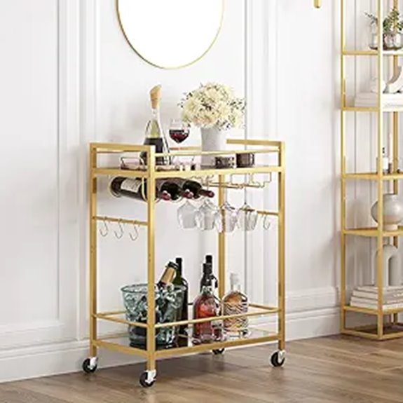 TUTOTAK Gold Bar Cart with Wine Rack and Glass Holder