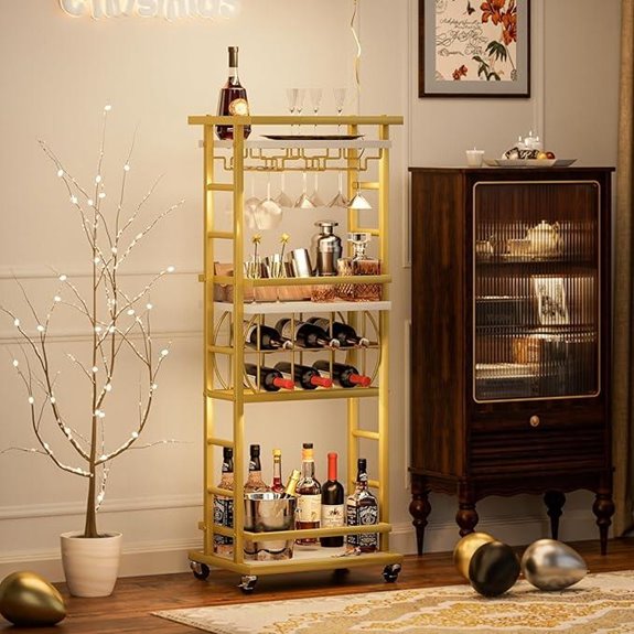4-Tier Gold Rolling Bar Cart with Wine Rack
