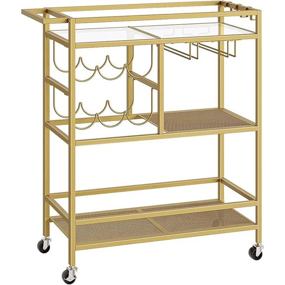Gold 3-Tier Rolling Bar Cart with Wine Rack