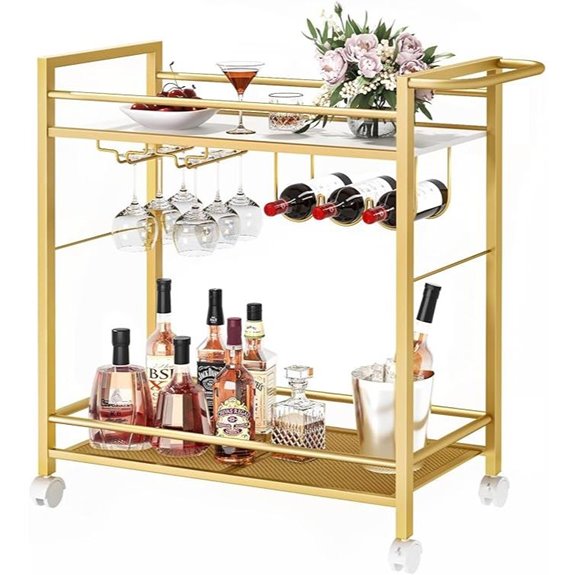 Gold 2-Tier Rolling Bar Cart with Wine Rack