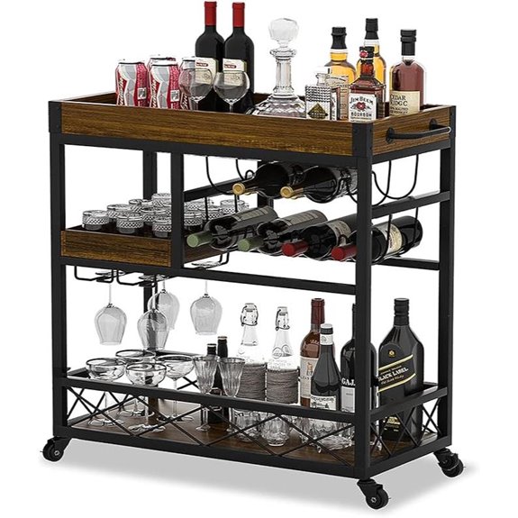 Industrial Bar Cart with Wine Rack and Casters