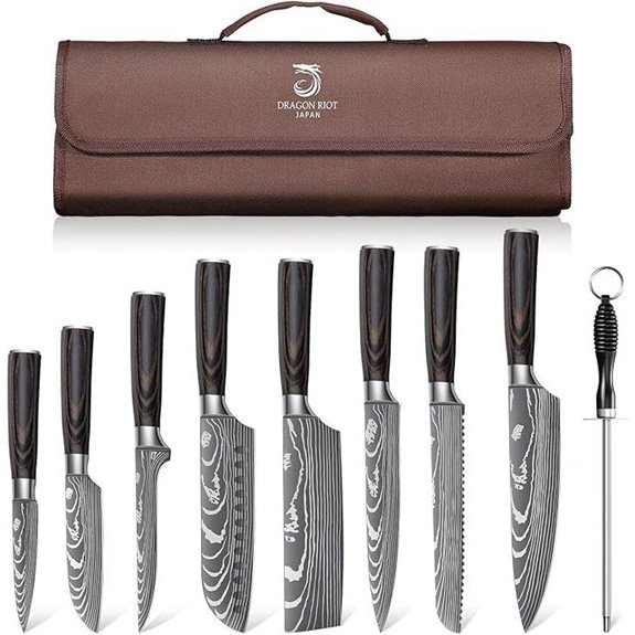 Dragon Roit Japanese Damascus Knife Set with Roll Bag