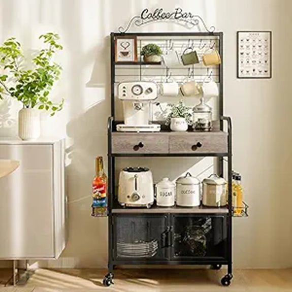Coffee Bar Cabinet with Wheels and Mug Hooks