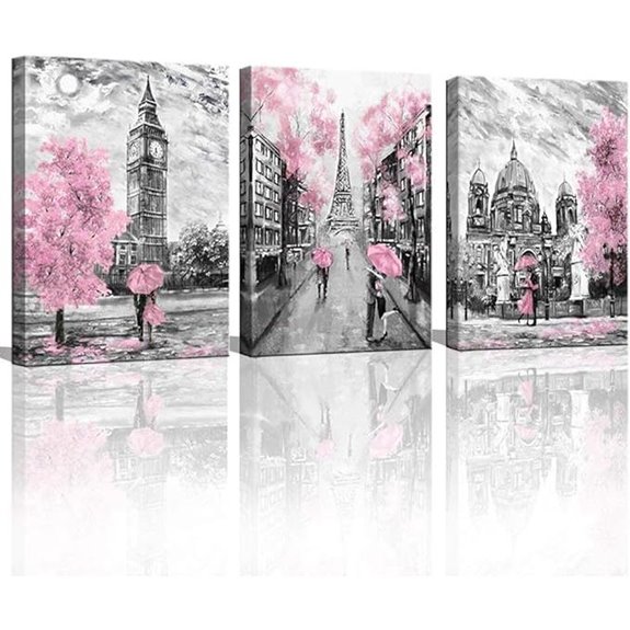 Pink Paris Canvas Wall Art for Living Room Decor