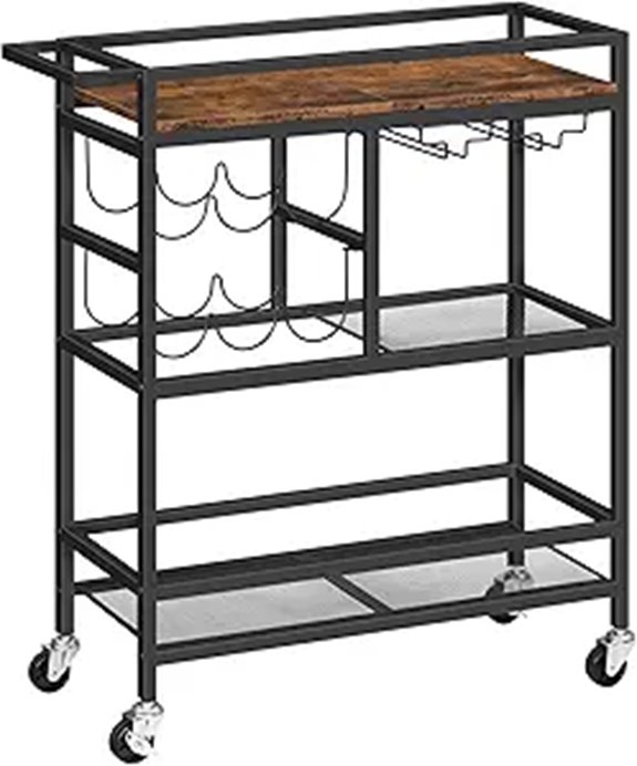 Rustic 3-Tier Rolling Bar Cart with Wine Rack