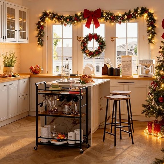 Rustic Brown Rolling Metal Bar Cart with Wine Rack