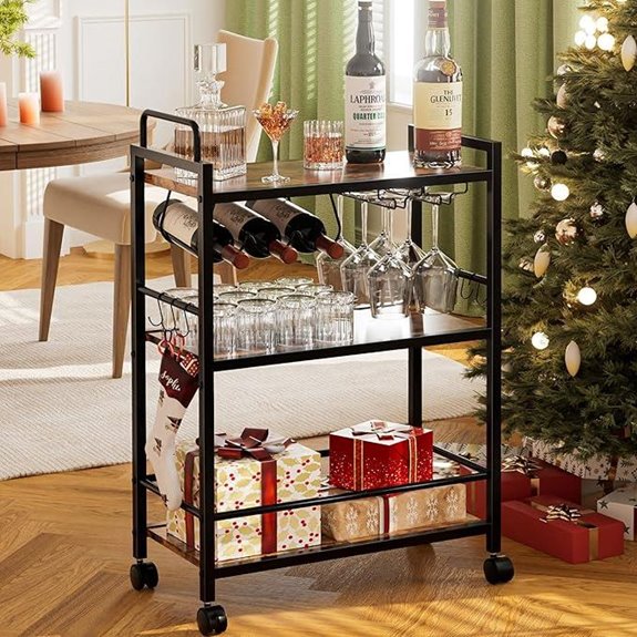 Rustic Bar Cart with Wine Rack and Glass Holder