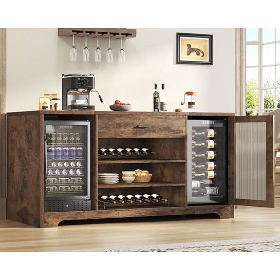 Rustic Wood Bar Cabinet with Mini Fridge and Storage