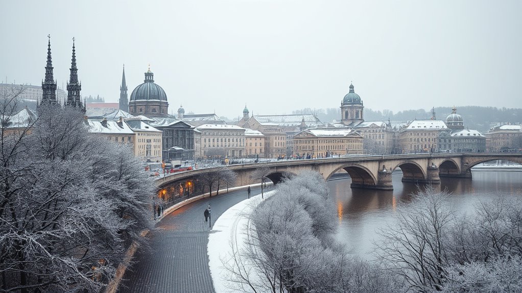 snowy historic landmarks glow
