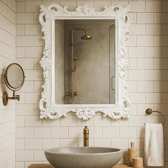 Vintage European White Wall Mirror with Carved Frame