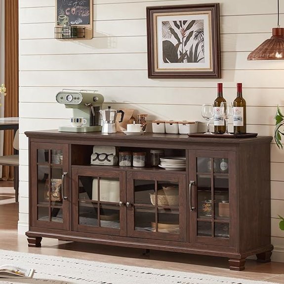 Vintage Walnut Sideboard with Glass Doors and Storage