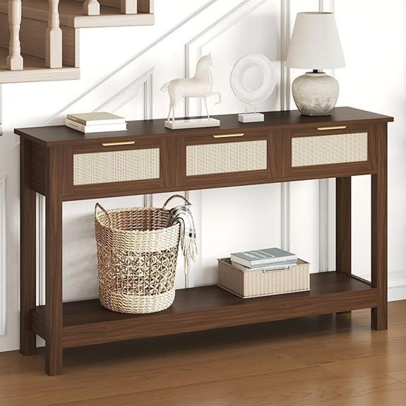 Luoxiao Console Table with Rattan Drawers Walnut