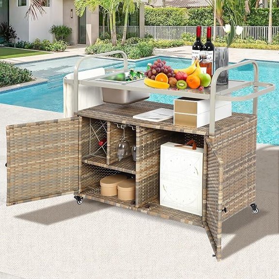 Wicker Outdoor Bar Cart with Ice Bucket and Casters